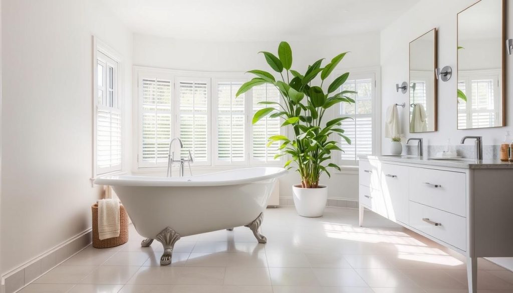 A bright, airy bathroom with a serene, calming atmosphere. In the foreground, a luxurious clawfoot bathtub takes center stage, inviting relaxation. The middle ground features a modern vanity with sleek fixtures, complemented by plush towels and a lush, verdant potted plant. The background showcases large windows allowing natural light to flood the space, highlighting the crisp, clean tiles and gleaming fixtures. The overall scene conveys a sense of rejuvenation, comfort, and the benefits of a well-designed, functional bathroom renovation.