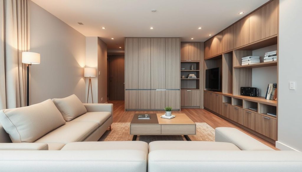 A cozy apartment interior showcasing the versatility of multifunctional furniture. In the foreground, a modern sofa transforms into a comfortable daybed, its sleek lines and neutral tones blending seamlessly with the surrounding space. In the middle ground, a modular coffee table can be reconfigured to serve as a dining surface or additional seating, maximizing the limited floor area. The background features built-in storage units with hidden compartments, providing ample space for organizing personal items while maintaining a clean, minimalist aesthetic. Soft, diffused lighting from floor lamps and recessed ceiling fixtures creates a warm, inviting atmosphere, highlighting the thoughtful design and functionality of these space-saving furnishings. A cozy apartment interior showcasing the versatility of multifunctional furniture. In the foreground, a modern sofa transforms into a comfortable daybed, its sleek lines and neutral tones blending seamlessly with the surrounding space. In the middle ground, a modular coffee table can be reconfigured to serve as a dining surface or additional seating, maximizing the limited floor area. The background features built-in storage units with hidden compartments, providing ample space for organizing personal items while maintaining a clean, minimalist aesthetic. Soft, diffused lighting from floor lamps and recessed ceiling fixtures creates a warm, inviting atmosphere, highlighting the thoughtful design and functionality of these space-saving furnishings.