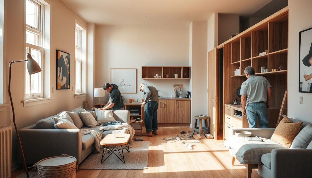A cozy apartment undergoing renovation, with workers diligently repairing walls and floors. The scene is bathed in warm, natural lighting, casting a inviting glow across the space. Muted tones of beige, gray, and wood tones create a harmonious palette, while hints of color in furnishings and decor add visual interest. The layout showcases the distinctive features of a cooperative-owned home, with practical storage solutions and functional design elements. An atmosphere of care and thoughtfulness pervades the space, reflecting the unique challenges and considerations of renovating a shared living environment.