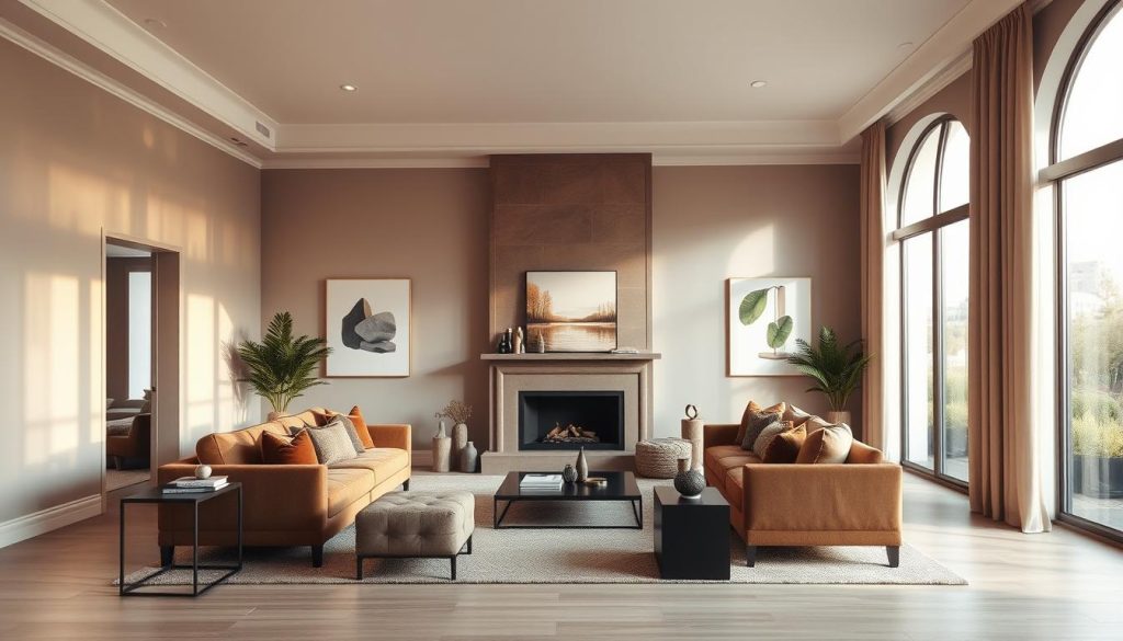 A cozy, elegant living room in a modern 2025 interior design. The room is bathed in warm, natural light filtering through large windows, creating a serene and inviting atmosphere. The walls feature a harmonious blend of muted, earthy tones, complemented by plush, textured furnishings in subdued hues. A central focal point is a sleek, minimalist fireplace, surrounded by tasteful decor and artwork. The space flows seamlessly, with clean lines, subtle patterns, and a carefully curated selection of contemporary furniture pieces. An overall sense of refined sophistication and timeless style pervades the scene.
