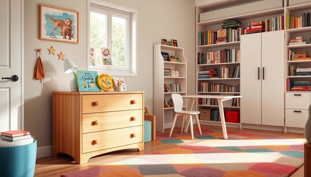 A cozy, well-lit child's bedroom with an array of colorful, modern furniture. In the foreground, a low, sturdy wooden dresser with clean lines and rounded edges, topped with a playful lamp and a few storybooks. In the middle ground, a minimalist, adjustable-height desk and chair set, perfect for arts and crafts. In the background, a vibrant, geometric-patterned rug and a large, floor-to-ceiling bookshelf filled with a diverse selection of children's books. The overall atmosphere is warm, inviting, and conducive to creativity and learning.