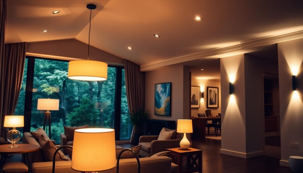 A cozy, well-lit interior with a mix of ambient, task, and accent lighting. The foreground features a modern living room with plush seating, wooden furniture, and a large window overlooking a lush, natural landscape. The middle ground showcases a variety of light sources, including a central pendant light, floor lamps, and recessed ceiling lights, all casting a warm, inviting glow. In the background, the room transitions into a hallway or dining area, further illuminated by a combination of wall sconces and recessed lighting, creating a harmonious and cohesive lighting design. The overall mood is one of comfort, relaxation, and a sense of balance between form and function. A cozy, well-lit interior with a mix of ambient, task, and accent lighting. The foreground features a modern living room with plush seating, wooden furniture, and a large window overlooking a lush, natural landscape. The middle ground showcases a variety of light sources, including a central pendant light, floor lamps, and recessed ceiling lights, all casting a warm, inviting glow. In the background, the room transitions into a hallway or dining area, further illuminated by a combination of wall sconces and recessed lighting, creating a harmonious and cohesive lighting design. The overall mood is one of comfort, relaxation, and a sense of balance between form and function.