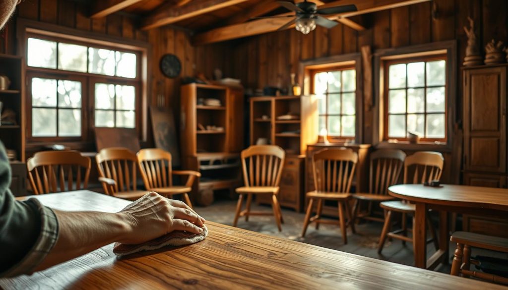 A cozy, well-lit wooden workshop interior, with a focus on a selection of carefully crafted wooden furniture pieces. In the foreground, a worker's hands delicately polishing a wooden table, using a soft cloth and natural wood polish. The middle ground features various wooden chairs, shelves, and cabinets, each showcasing the natural grain and texture of the material. In the background, sunlight streams in through large windows, casting a warm glow over the scene. The overall atmosphere conveys a sense of reverence and attention to detail in the art of wood care and preservation.