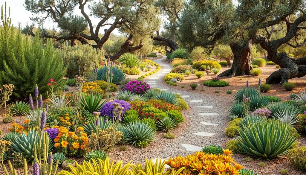 A lush, drought-resistant garden set in a warm, Mediterranean-inspired landscape. In the foreground, a mix of resilient succulents and native perennials thrive, their vibrant colors and unique textures creating a captivating visual tapestry. The middle ground features a small, meandering pathway winding through a xeriscape of gravel and low-growing ground covers, inviting the viewer to explore. Towering, gnarled olive trees dot the background, casting gentle shadows and conveying a sense of timelessness. The scene is bathed in a soft, golden light, evoking a serene and tranquil atmosphere. A perfect representation of a sustainable, low-maintenance garden that can withstand periods of drought.