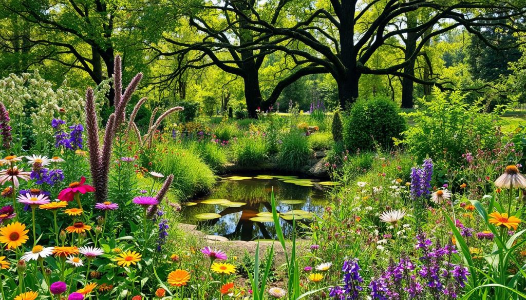 A lush garden teeming with diverse flora and fauna, showcasing the vibrant interconnectedness of nature. In the foreground, a vibrant array of wildflowers and native plants attract a flurry of pollinating insects, their gentle buzzing and fluttering adding to the serene ambiance. In the middle ground, a small pond reflects the dappled sunlight filtering through the canopy of mature trees, providing a vital water source for birds and other wildlife. The background reveals a verdant tapestry of thriving trees and shrubs, their intertwined branches creating a sanctuary for nesting birds and small mammals. The overall scene exudes a sense of balance and harmony, illustrating the crucial role that gardens play in preserving and enhancing biodiversity.