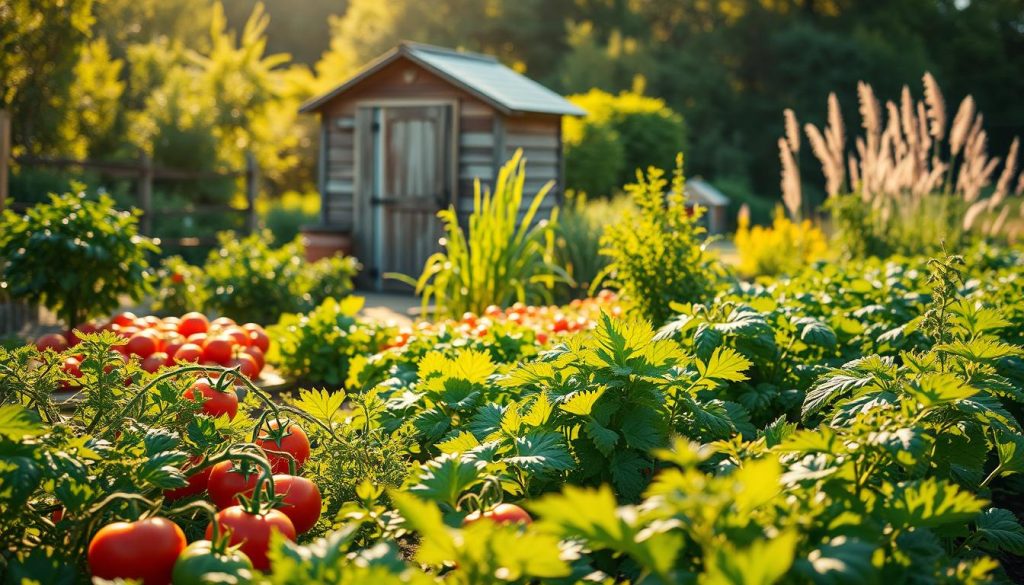 A lush, thriving vegetable garden bathed in warm, golden sunlight. In the foreground, rows of vibrant vegetables - tomatoes, carrots, leafy greens - bursting with vitality. The middle ground showcases a variety of herbs, their fragrant leaves gently swaying. In the background, a picturesque garden shed, weathered by time, stands as a testament to the joys of self-sufficiency. The scene exudes a sense of abundance, health, and connection to the natural world. A wide-angle lens captures the garden's peaceful, serene atmosphere, inviting the viewer to appreciate the bountiful benefits of homegrown produce. A lush, thriving vegetable garden bathed in warm, golden sunlight. In the foreground, rows of vibrant vegetables - tomatoes, carrots, leafy greens - bursting with vitality. The middle ground showcases a variety of herbs, their fragrant leaves gently swaying. In the background, a picturesque garden shed, weathered by time, stands as a testament to the joys of self-sufficiency. The scene exudes a sense of abundance, health, and connection to the natural world. A wide-angle lens captures the garden's peaceful, serene atmosphere, inviting the viewer to appreciate the bountiful benefits of homegrown produce.