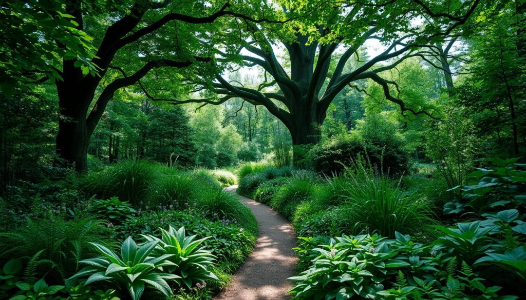 A lush, verdant garden bathed in soft, diffused light, the canopy of trees above casting gentle shadows across the scene. In the foreground, a diverse array of shade-loving plants - ferns, hostas, and delicate woodland flowers - thrive in the cool, moist environment. The middle ground reveals a meandering path flanked by ornamental grasses and low-growing shrubs, inviting the viewer to explore this tranquil oasis. In the background, the trunks of towering oaks and maples rise up, their branches intertwined to form a natural cathedral of greenery. The overall atmosphere is one of serenity and contemplation, a peaceful refuge from the harsh glare of the sun.