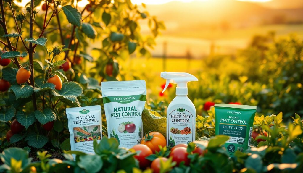 A lush, verdant garden scene, with a variety of natural pest control products displayed prominently in the foreground. In the middle ground, healthy vegetables and fruits thrive, while in the background, a serene countryside landscape unfolds, bathed in warm, golden sunlight. The products are arranged artfully, their packaging showcasing their organic, eco-friendly nature. The overall mood is one of tranquility and harmony, suggesting the effectiveness of these natural solutions in maintaining a vibrant, pesticide-free garden. The image is captured with a shallow depth of field, drawing the viewer's attention to the natural pest control items.