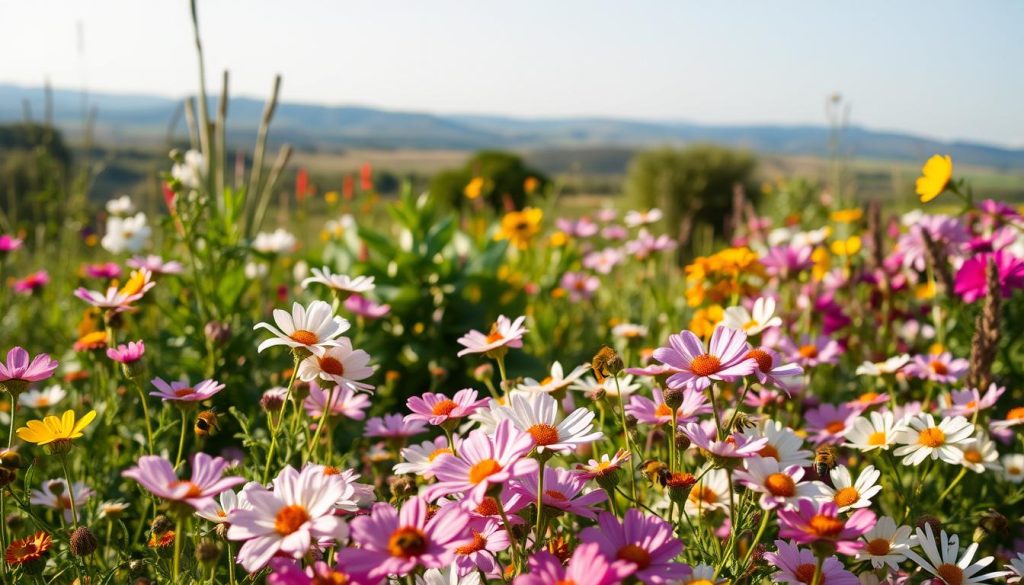 A lush, vibrant garden filled with a diverse array of blooming flowers and plants, their petals and leaves gently swaying in a soft, warm breeze. In the foreground, an abundance of nectar-rich blossoms in a variety of colors - from delicate whites and soft pinks to deep purples and sunny yellows - attracting a bustling hive of industrious honeybees, their graceful movements capturing the symbiotic relationship between flora and fauna. The mid-ground features a mix of larger, leafy plants and shrubs, their shapes and textures complementing the smaller flowers. In the background, a serene, out-of-focus landscape with rolling hills and a clear blue sky, creating a sense of depth and tranquility. The lighting is soft and diffused, casting a warm, golden glow over the entire scene, evoking a sense of natural harmony and the vital role these pollinator-friendly plants play in a healthy, thriving ecosystem.