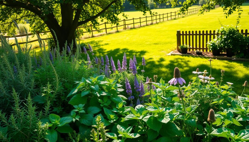 A lush, vibrant herb garden nestled in the warm afternoon sun, with an abundance of fragrant, leafy plants lining raised garden beds. Soft, dappled light filters through the canopy of nearby trees, casting gentle shadows across the scene. In the foreground, a selection of common culinary herbs such as rosemary, thyme, and basil sway gently in the light breeze. The middle ground features a mix of medicinal and aromatic herbs, including lavender, chamomile, and echinacea, their petals and leaves shimmering. The background showcases a verdant, expansive lawn framed by a wooden fence, creating a sense of peaceful seclusion. The overall atmosphere is one of tranquility, inviting the viewer to slow down and appreciate the restorative power of a thriving, homegrown herb garden. A lush, vibrant herb garden nestled in the warm afternoon sun, with an abundance of fragrant, leafy plants lining raised garden beds. Soft, dappled light filters through the canopy of nearby trees, casting gentle shadows across the scene. In the foreground, a selection of common culinary herbs such as rosemary, thyme, and basil sway gently in the light breeze. The middle ground features a mix of medicinal and aromatic herbs, including lavender, chamomile, and echinacea, their petals and leaves shimmering. The background showcases a verdant, expansive lawn framed by a wooden fence, creating a sense of peaceful seclusion. The overall atmosphere is one of tranquility, inviting the viewer to slow down and appreciate the restorative power of a thriving, homegrown herb garden.