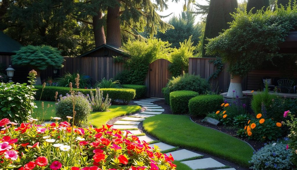 A lush, well-manicured home garden with a variety of vibrant flowers, verdant foliage, and neatly arranged pathways. The foreground features a colorful flowerbed with a mix of annuals and perennials, their petals gently swaying in a soft breeze. In the middle ground, a stone pathway winds through the garden, flanked by neatly trimmed hedges and trailing vines. The background showcases a picturesque wooden fence, partially obscured by towering trees and shrubs that provide a natural, secluded atmosphere. The lighting is warm and inviting, casting a gentle glow over the entire scene, creating a peaceful and serene ambiance that perfectly captures the essence of a charming, well-designed home garden.