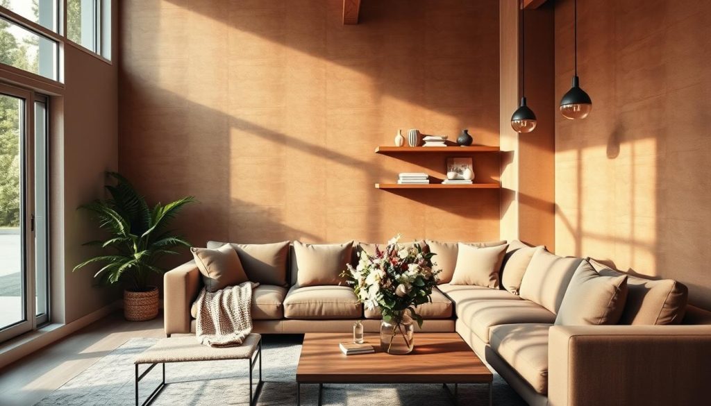 A modern and trendy living room interior, bathed in warm natural light filtering through large windows. The focal point is a stylish sectional sofa in a muted earth-tone palette, accentuated by plush throw pillows and a cozy knitted blanket. Beside it, a sleek wooden coffee table showcases a minimalist floral arrangement. The walls feature a textured, earthy-hued wallcovering, complemented by floating shelves displaying carefully curated decorative items. In the corner, a potted plant adds a touch of lush greenery, while mid-century inspired pendant lights cast a soft, ambient glow over the space. The overall aesthetic is a harmonious blend of natural materials, clean lines, and modern sensibilities. A modern and trendy living room interior, bathed in warm natural light filtering through large windows. The focal point is a stylish sectional sofa in a muted earth-tone palette, accentuated by plush throw pillows and a cozy knitted blanket. Beside it, a sleek wooden coffee table showcases a minimalist floral arrangement. The walls feature a textured, earthy-hued wallcovering, complemented by floating shelves displaying carefully curated decorative items. In the corner, a potted plant adds a touch of lush greenery, while mid-century inspired pendant lights cast a soft, ambient glow over the space. The overall aesthetic is a harmonious blend of natural materials, clean lines, and modern sensibilities.