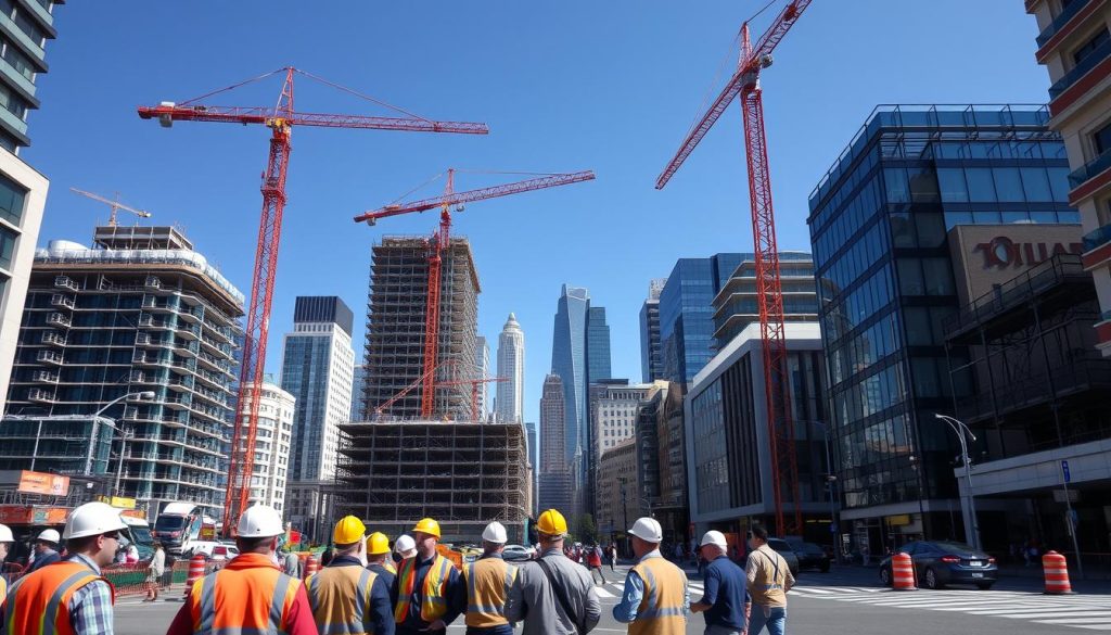 A modern construction site at a bustling urban intersection, with cranes and scaffolding rising against a clear blue sky. In the foreground, a group of construction workers in hard hats and safety vests converse, highlighting the human element behind the building process. The middle ground showcases the various stages of construction, from the foundation to the partially completed structure, emphasizing the complexity and coordination required. In the background, a mix of contemporary and historic buildings creates a visually interesting cityscape, symbolizing the integration of new and old. The scene conveys a sense of progress, professionalism, and the importance of choosing a reliable construction company to oversee such a complex endeavor.