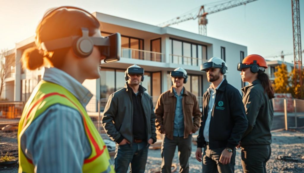 A modern construction site with cutting-edge technologies in the foreground. In the middle ground, a team of engineers and architects using augmented reality headsets to visualize and plan the project. In the background, a sleek, energy-efficient residential building under construction, utilizing advanced building materials and automated systems. The scene is bathed in warm, natural lighting, conveying a sense of progress and innovation in the field of modern home construction.