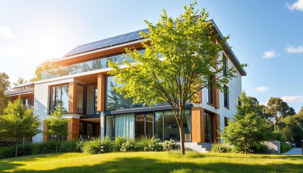 A modern, energy-efficient residential building situated in a serene, verdant setting. The structure features sleek, clean lines and a harmonious blend of glass, steel, and timber accents. Sunlight streams through large windows, illuminating the interior spaces. Solar panels adorn the rooftop, harnessing renewable energy. The landscaping incorporates lush greenery and carefully placed trees, creating a tranquil, eco-friendly atmosphere. A sense of harmony between the built environment and nature pervades the scene, exemplifying the principles of sustainable architecture. A modern, energy-efficient residential building situated in a serene, verdant setting. The structure features sleek, clean lines and a harmonious blend of glass, steel, and timber accents. Sunlight streams through large windows, illuminating the interior spaces. Solar panels adorn the rooftop, harnessing renewable energy. The landscaping incorporates lush greenery and carefully placed trees, creating a tranquil, eco-friendly atmosphere. A sense of harmony between the built environment and nature pervades the scene, exemplifying the principles of sustainable architecture.