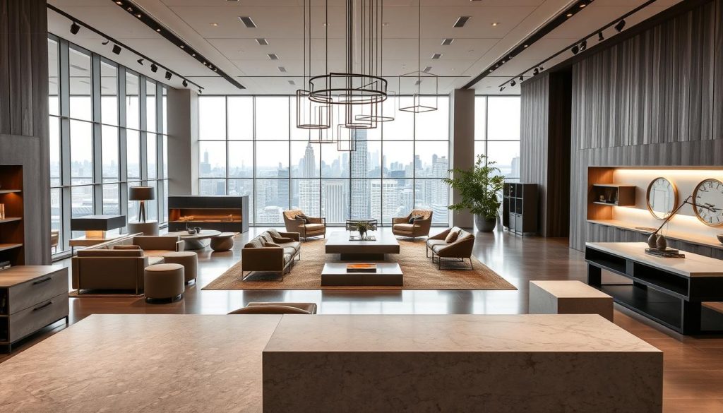 A modern, high-end interior design showroom filled with sleek, minimalist furniture and cutting-edge materials. The foreground features a variety of textured surfaces - polished concrete, matte ceramics, and smooth quartz - arranged in an artful, harmonious display. The middle ground showcases suspended lighting fixtures with clean, geometric silhouettes casting a warm, ambient glow. In the background, floor-to-ceiling windows offer a panoramic view of a vibrant cityscape, blending the indoor and outdoor spaces. The overall mood is one of sophistication, innovation, and a celebration of contemporary design.
