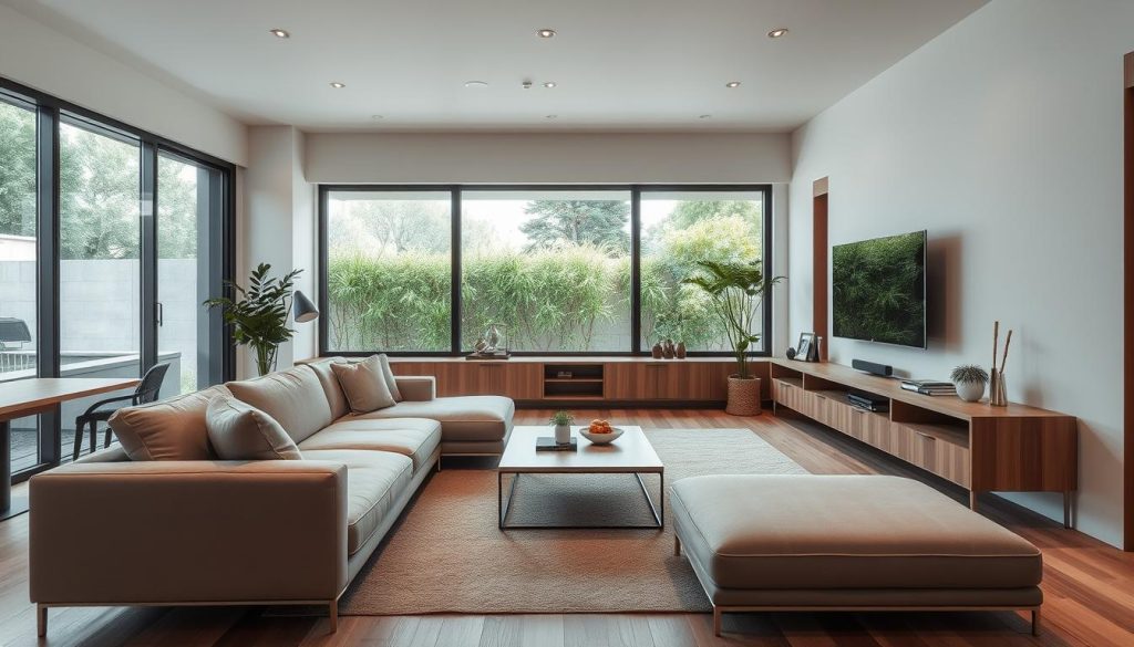 A modern, modular living room in a warm, minimalist style. A sleek, L-shaped sectional sofa in a neutral tone dominates the foreground, accented by plush throw pillows. The middle ground features a low, minimalist coffee table and a wall-mounted media unit with clean lines and natural wood elements. The background showcases large windows, letting in abundant natural light and offering a glimpse of a lush, green outdoor space. The overall atmosphere is one of tranquility, functionality, and contemporary design.