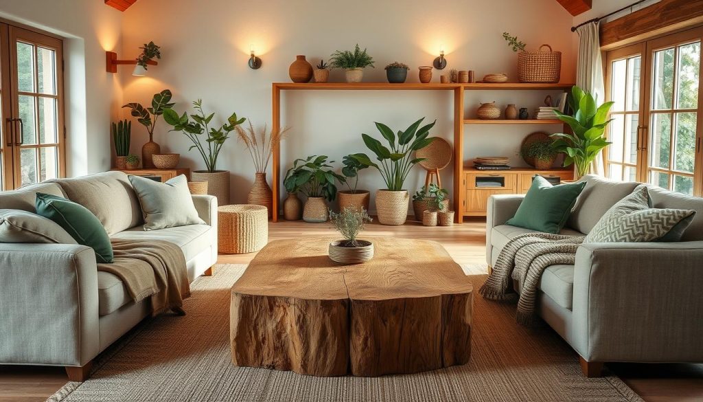 A natural light-filled interior, showcasing a harmonious blend of raw materials and earthy tones. A central wooden coffee table, its organic grain a focal point, surrounded by a plush linen sofa and armchair. Soft throws and pillows in muted greens and browns complement the scene. Wooden shelves display potted plants and woven baskets, creating a serene, nature-inspired ambiance. Warm, indirect lighting from wall sconces and a large window casts a gentle glow, highlighting the textures of the natural materials. The overall atmosphere is one of calming simplicity, inviting the viewer to experience the tranquility of a well-designed, natural interior.