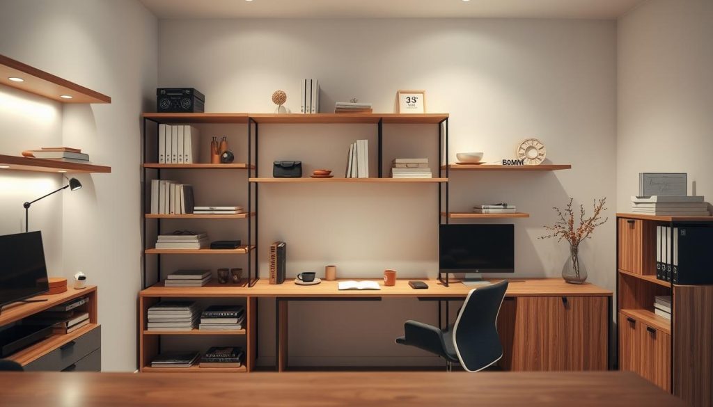 A neatly organized workspace with clean, minimalist shelving and storage solutions. Soft, diffused lighting illuminates the scene, creating a calming and focused atmosphere. Carefully curated items are arranged in a visually appealing manner, demonstrating principles of spatial organization and efficient use of available space. The layout is designed to maximize functionality and promote a sense of order, reflecting the "wprowadzenie do organizacji przestrzeni" concept. Elegant wooden accents and muted tones contribute to an overall aesthetic of sophistication and attention to detail. A neatly organized workspace with clean, minimalist shelving and storage solutions. Soft, diffused lighting illuminates the scene, creating a calming and focused atmosphere. Carefully curated items are arranged in a visually appealing manner, demonstrating principles of spatial organization and efficient use of available space. The layout is designed to maximize functionality and promote a sense of order, reflecting the "wprowadzenie do organizacji przestrzeni" concept. Elegant wooden accents and muted tones contribute to an overall aesthetic of sophistication and attention to detail.