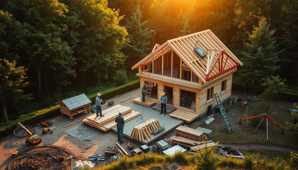 A serene construction site nestled amidst lush greenery, with a warm, golden afternoon light casting a soft glow over the scene. In the foreground, a team of skilled workers diligently assemble the wooden frame of a modest, two-story house, their movements coordinated and efficient. In the middle ground, a small crane lifts heavy materials, while in the background, a neatly organized array of tools and supplies stands ready for use. The atmosphere is one of industrious tranquility, reflecting the methodical yet rewarding process of building a home through the 'gospodarczy' (do-it-yourself) approach.