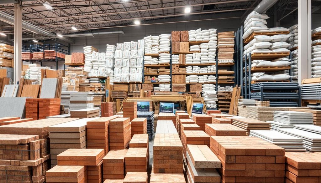 A sprawling display of construction materials in a well-lit, modern showroom. In the foreground, an assortment of neatly stacked bricks, tiles, and insulation panels. In the middle ground, various types of timber, metal beams, and pipes are arranged with care. The background features a towering shelving system filled with bags of cement, mortar, and other essential building supplies. The lighting is bright and even, accentuating the textures and colors of the diverse materials. The overall atmosphere conveys a sense of organization, quality, and the vast array of options available to the discerning builder. A sprawling display of construction materials in a well-lit, modern showroom. In the foreground, an assortment of neatly stacked bricks, tiles, and insulation panels. In the middle ground, various types of timber, metal beams, and pipes are arranged with care. The background features a towering shelving system filled with bags of cement, mortar, and other essential building supplies. The lighting is bright and even, accentuating the textures and colors of the diverse materials. The overall atmosphere conveys a sense of organization, quality, and the vast array of options available to the discerning builder.