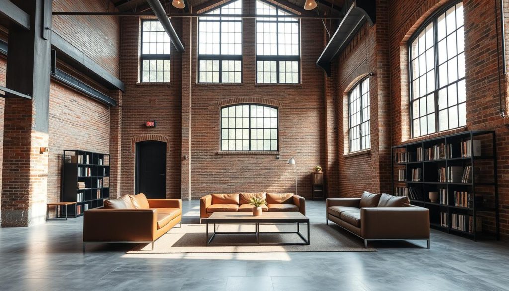 A vast, open-plan loft interior with exposed brick walls, high ceilings, and large industrial-style windows allowing natural light to flood the space. The minimal furniture, including a leather couch, a wooden coffee table, and a metal bookshelf, are arranged in a sleek, modern layout. Warm lighting from pendant lamps casts a cozy glow, complementing the raw, unfinished aesthetic. The overall atmosphere is one of understated elegance, blending the industrial charm of the loft with a refined, urban sensibility. A vast, open-plan loft interior with exposed brick walls, high ceilings, and large industrial-style windows allowing natural light to flood the space. The minimal furniture, including a leather couch, a wooden coffee table, and a metal bookshelf, are arranged in a sleek, modern layout. Warm lighting from pendant lamps casts a cozy glow, complementing the raw, unfinished aesthetic. The overall atmosphere is one of understated elegance, blending the industrial charm of the loft with a refined, urban sensibility.