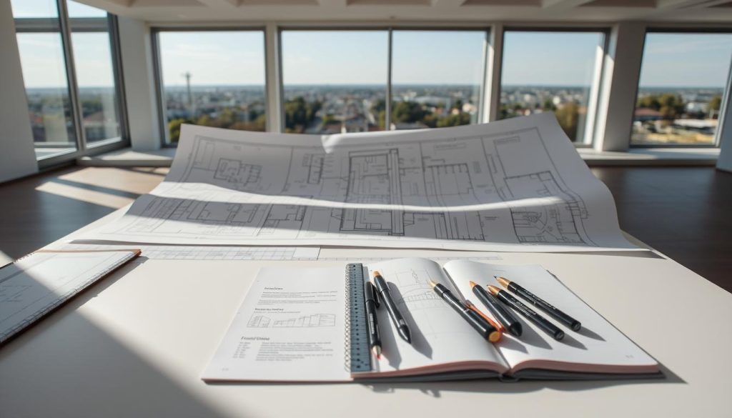 An architectural blueprint unfurling across a pristine white table, intricate lines and measurements detailing the construction process. In the foreground, an architect's ruler and a set of technical pens, casting soft shadows. The middle ground features an open notebook with hand-sketched plans, conveying the thoughtful planning involved. The background showcases a panoramic view through large windows, hinting at the scale and context of the project. The lighting is crisp and natural, highlighting the precision and care taken in the building's formalities. This scene evokes the rigor and diligence required to navigate the bureaucratic aspects of construction in Poland.